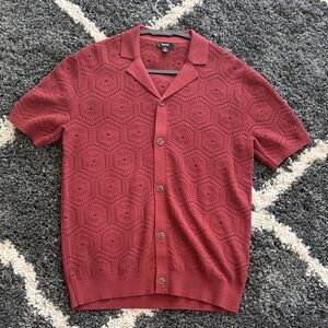 Reiss Royce Short-Sleeve Pointelle Button-Front Shirt in Deep Red